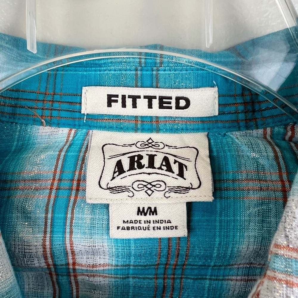 WOMEN’S ARIAT WESTERN SHIRT MEDIUM FITTED PEARL SNAP TEAL METALLIC PLAID STUDDED - Picture 3 of 10